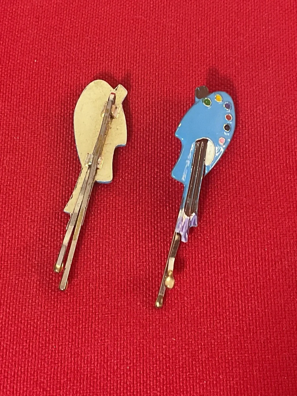 Vintage Artist Paint Palette Hair Barrettes Set of 2 Blue Enamel Paintbrush Desi